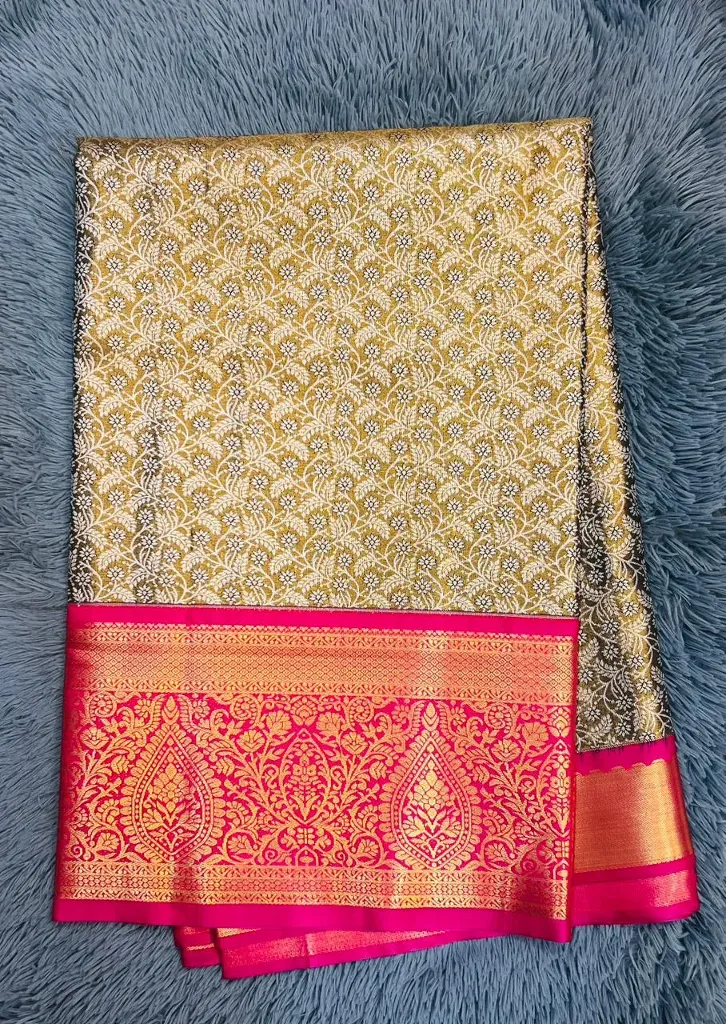 VVS089 Mustard Yellow Colour With White And Orange Floral Pattern Semi Kanchipattu Saree