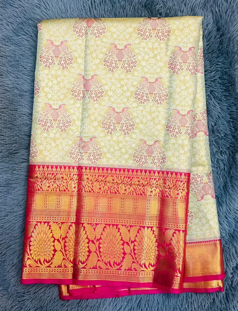VVS089 Cream Colour With Woven Peacock Motifs Semi kanchipattu Saree