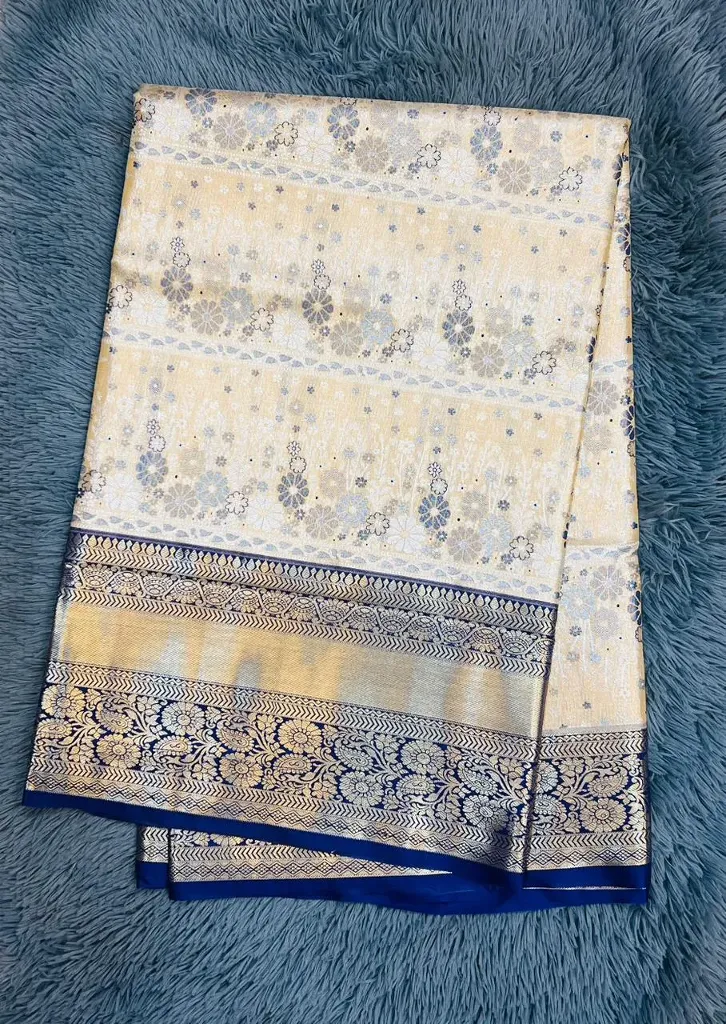 VVS089 Off-White With All Over Delicate Pateerns Semi Kanchipattu Saree
